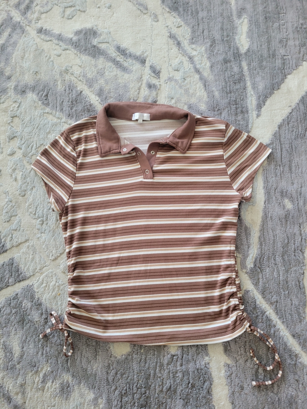 Striped Polo Top with Side Ruching - Brown & Cream Size L